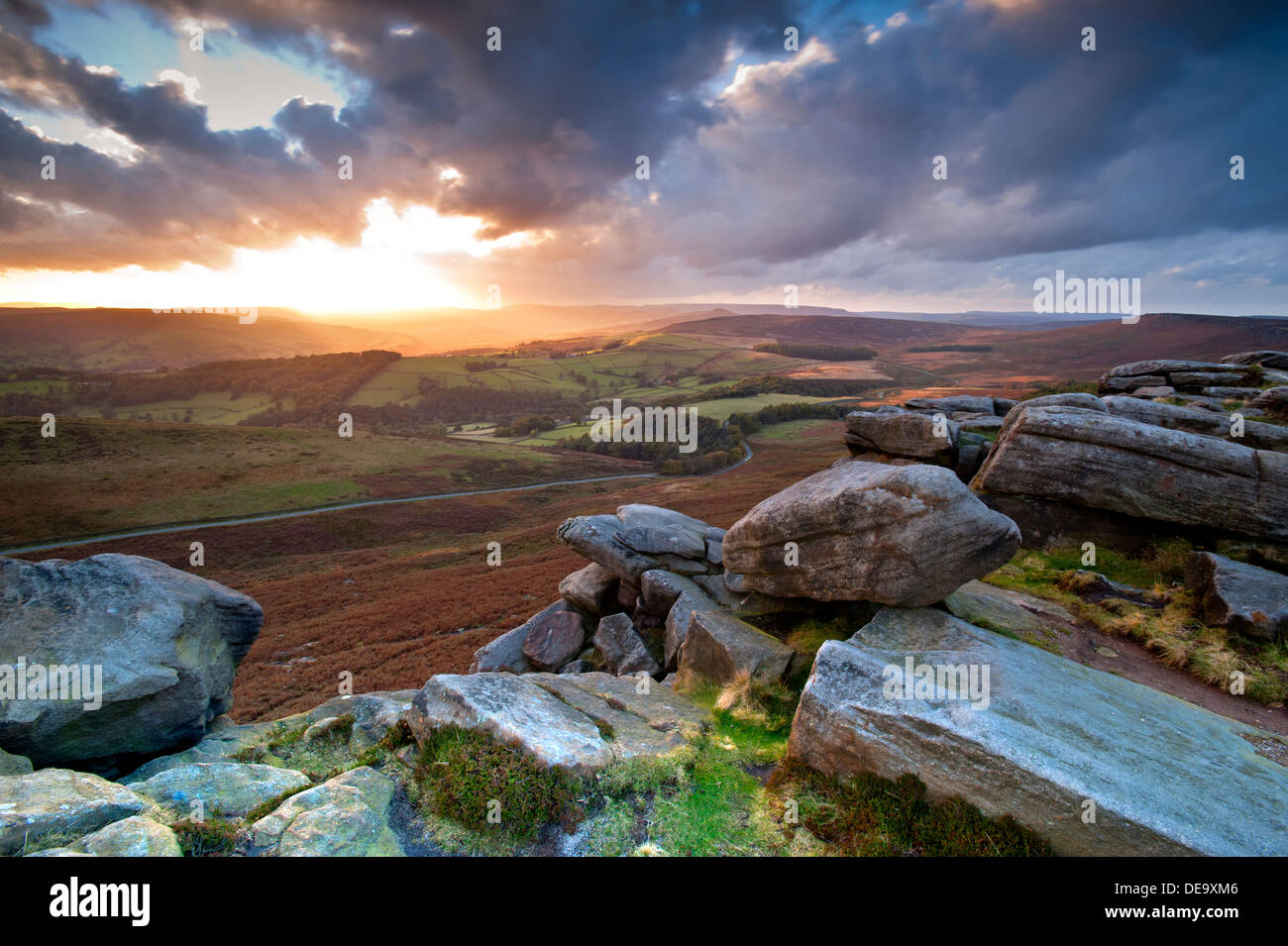 Sunset Over Stanage Edge, Near Hathersage, Peak District National Park, Derbyshire, England, UK Stock Photo