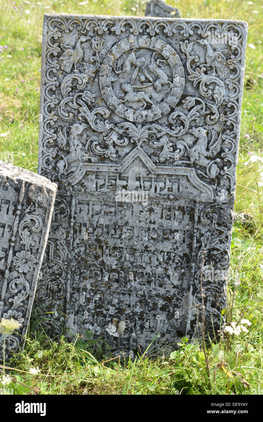 Headstone at old jewish cemetery in Sataniv (Ukraine) Stock Photo