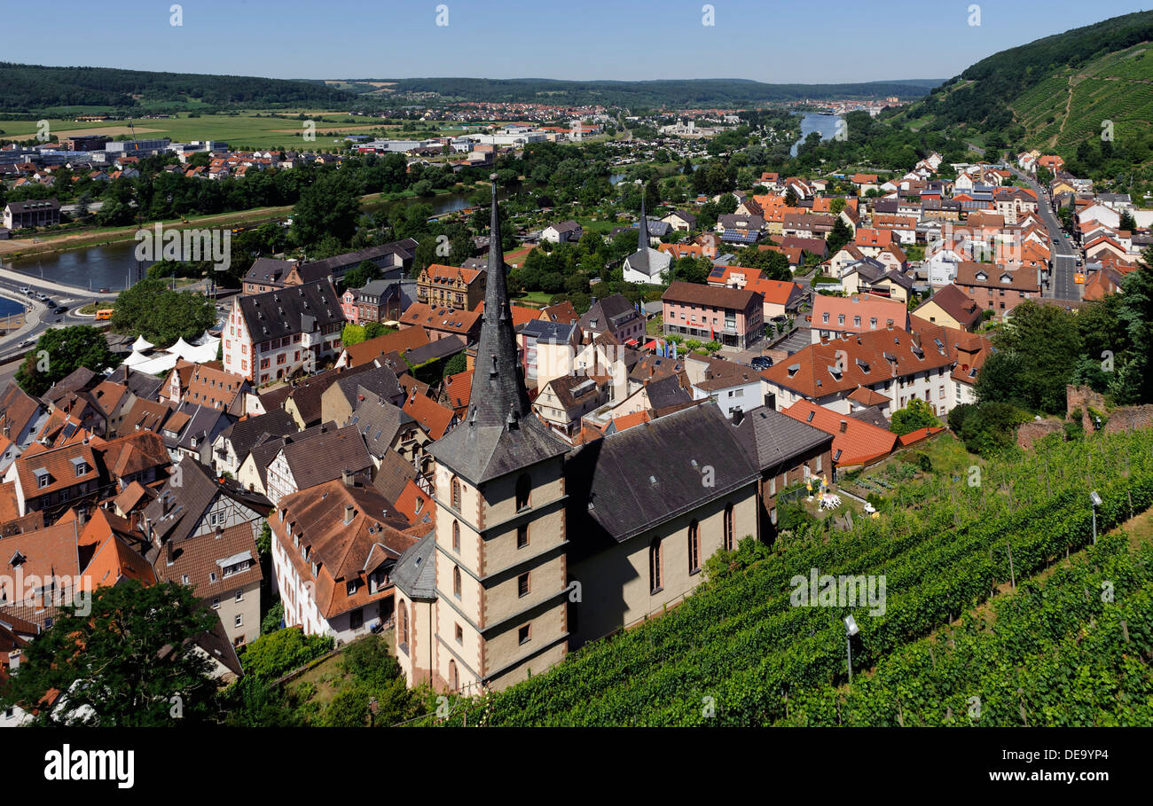 Klingenberg on Main, view from Clingenburg,  late Gothic church Saint Pancras (15.c.., tower 1617), Bavaria, German Stock Photo