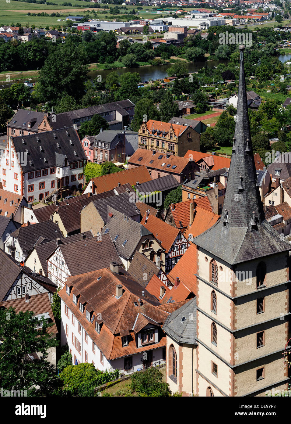 Klingenberg on Main, view from Clingenburg,  late Gothic church Saint Pancras (15.c.., tower 1617), Bavaria, Germany Stock Photo