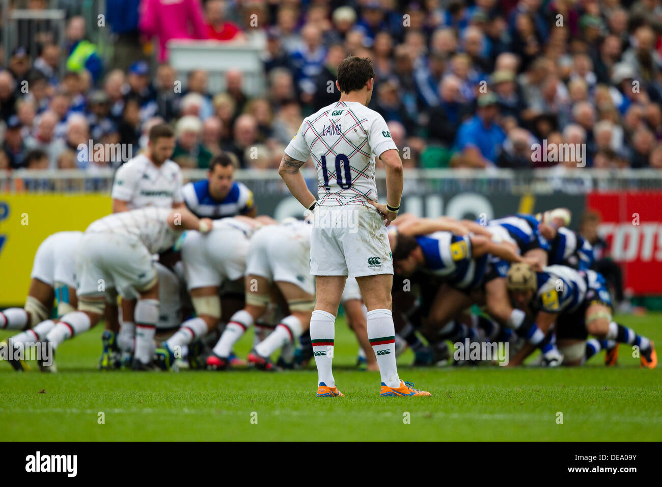 BATH, UK - Saturday 14th September 2013. Leicester's Ryan Lamb looks on dyring a scrum. Action from the Aviva Premiership match between Bath Rugby and Leicester Tigers. Credit:  Graham Wilson/Alamy Live News Stock Photo
