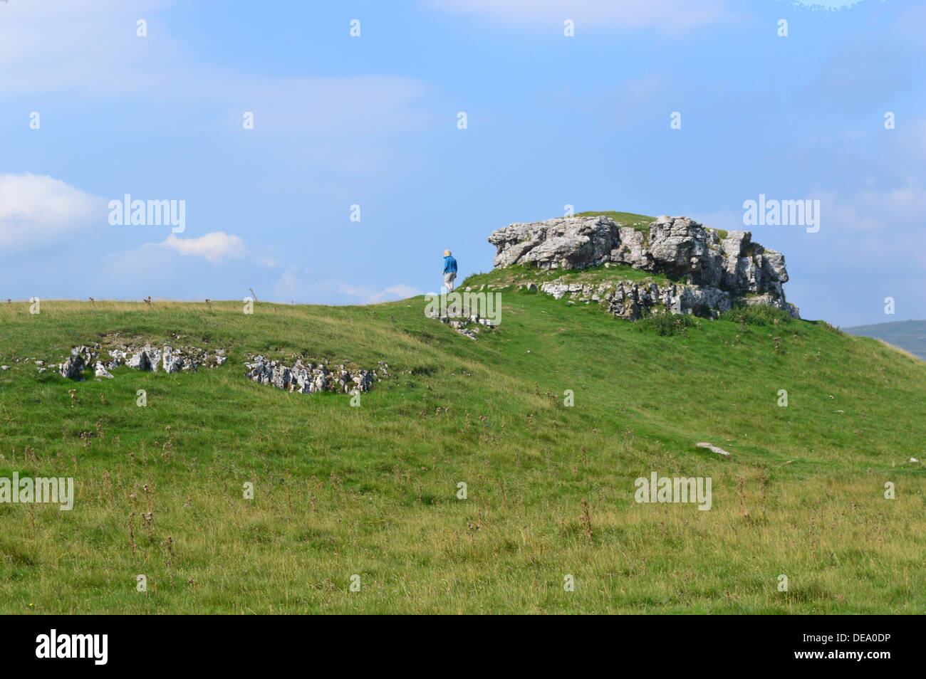 Lone Woman Walker next to Conistone Pie on the Dales Way Long Distance Footpath between Grassington & Kettlewell Wharfedale Yorkshire. Stock Photo