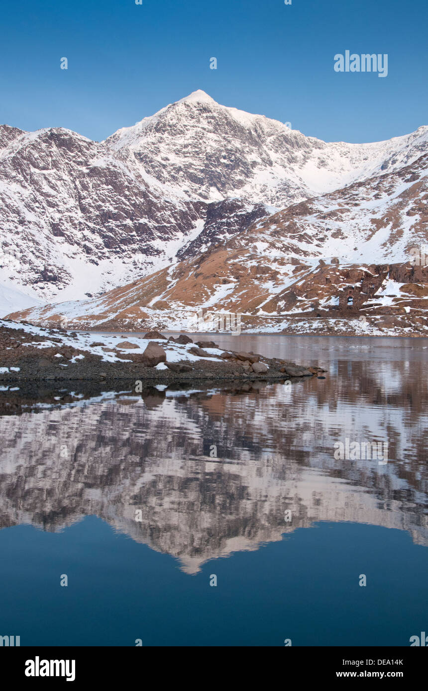 Mount Snowdon Reflected in Llyn Llydaw in Winter, Snowdonia National Park, North Wales, UK Stock Photo