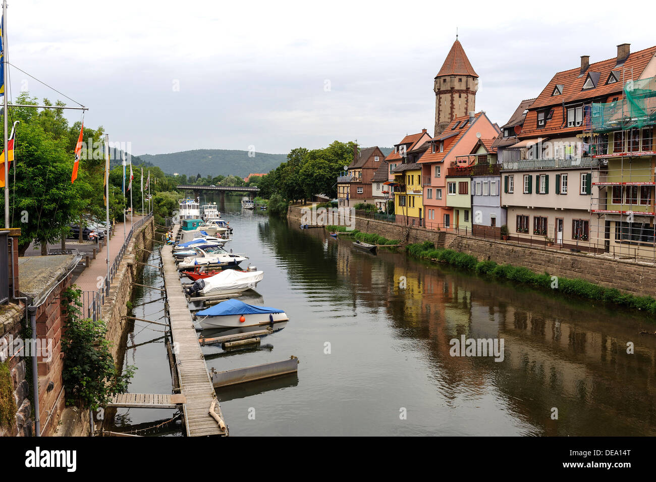 Harbor of river Tauber and Spitzer Turm in Wertheim, Baden-Wuerttemberg, Germany Stock Photo