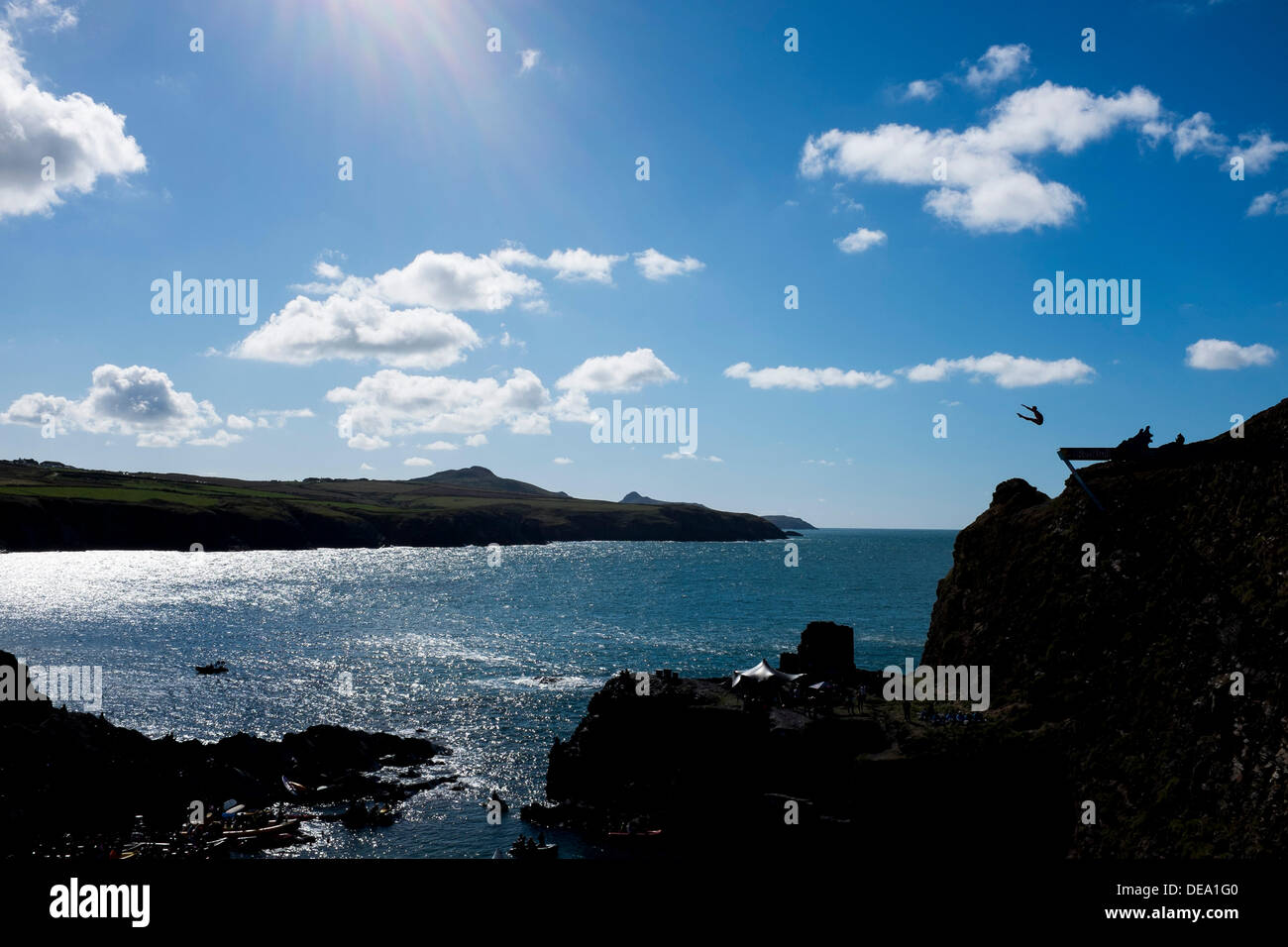 Pembrokeshire, West Wales, UK. 14th Sep, 2013. Divers compete in round 5 of the Red Bull Cliff Diving competition at Blue Lagoon in Pembrokeshire, West Wales. Credit:  John Wellings/Alamy Live News Stock Photo