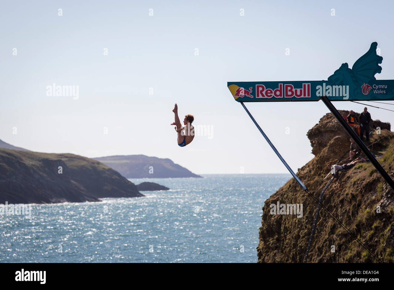 Pembrokeshire, West Wales, UK. 14th Sep, 2013. Divers compete in round 5 of the Red Bull Cliff Diving competition at Blue Lagoon in Pembrokeshire, West Wales. Credit:  John Wellings/Alamy Live News Stock Photo