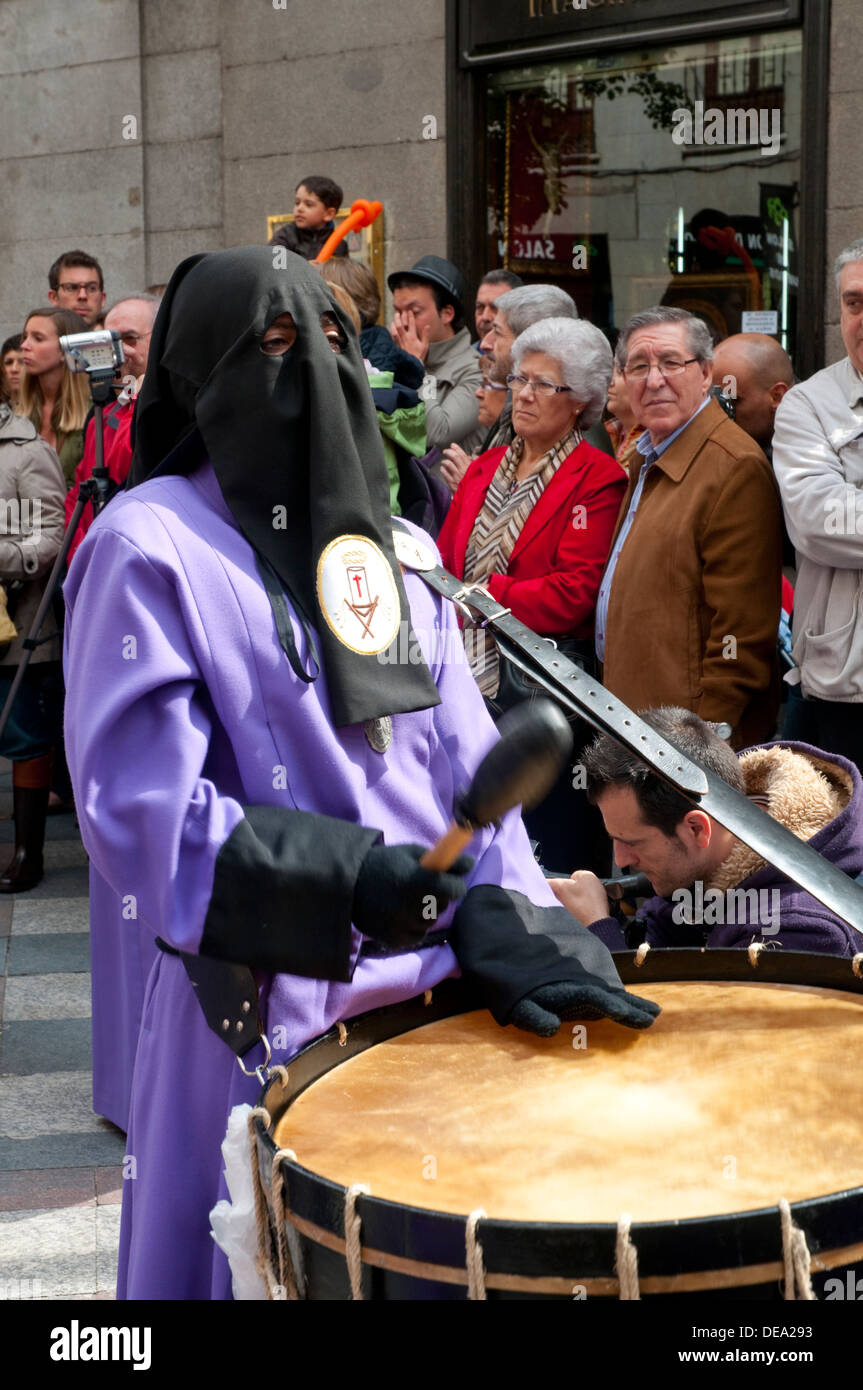 Drummer in a Holy Week procession. Madrid, Spain. Stock Photo