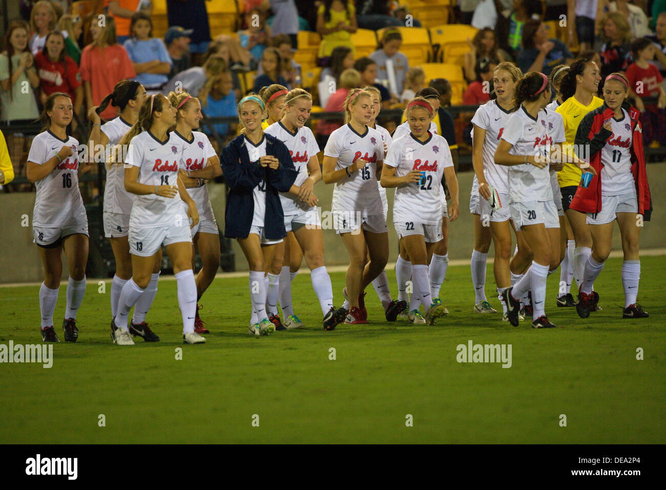 Kennesaw, Georgia.  USA.   September 13, 2013.   Ole Miss women's soccer team celebrates after Ole Miss' 2-1 win over Kennesaw State at Fifth Third Bank Stadium.  Women's NCAA Division I Soccer. © Wayne Hughes/Alamy Live News Stock Photo