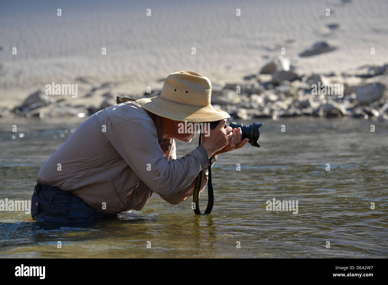 Photographer taking a picture while partially immersed in the Snake River, Hells Canyon, Oregon/Idaho. Stock Photo