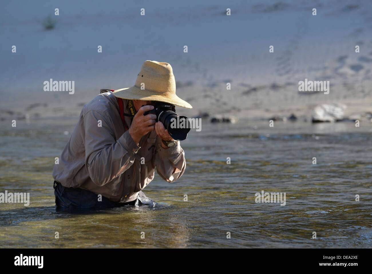 Photographer taking a picture while partially immersed in the Snake River, Hells Canyon, Oregon/Idaho. Stock Photo