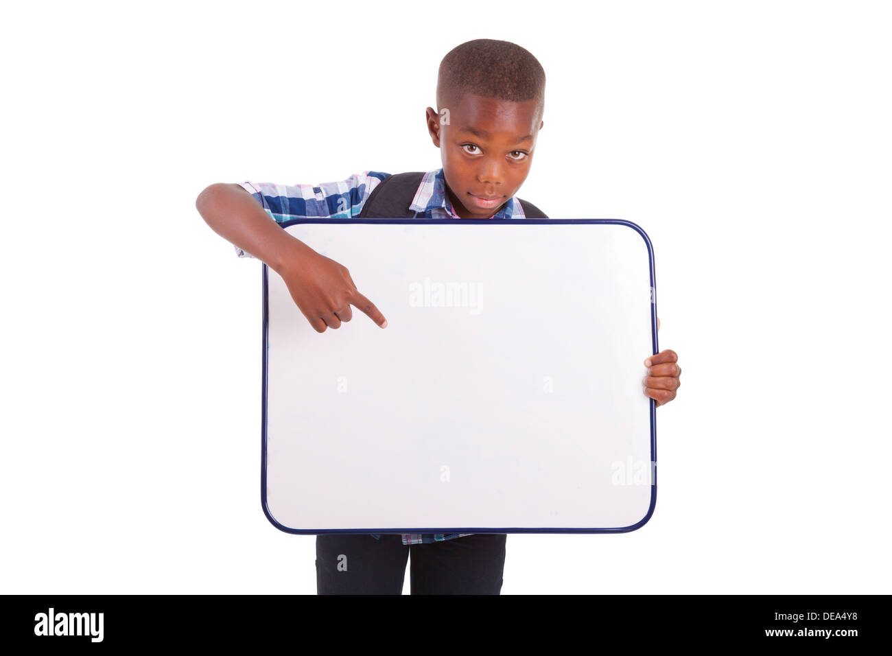 African American school boy holding a blank board, isolated on white ...