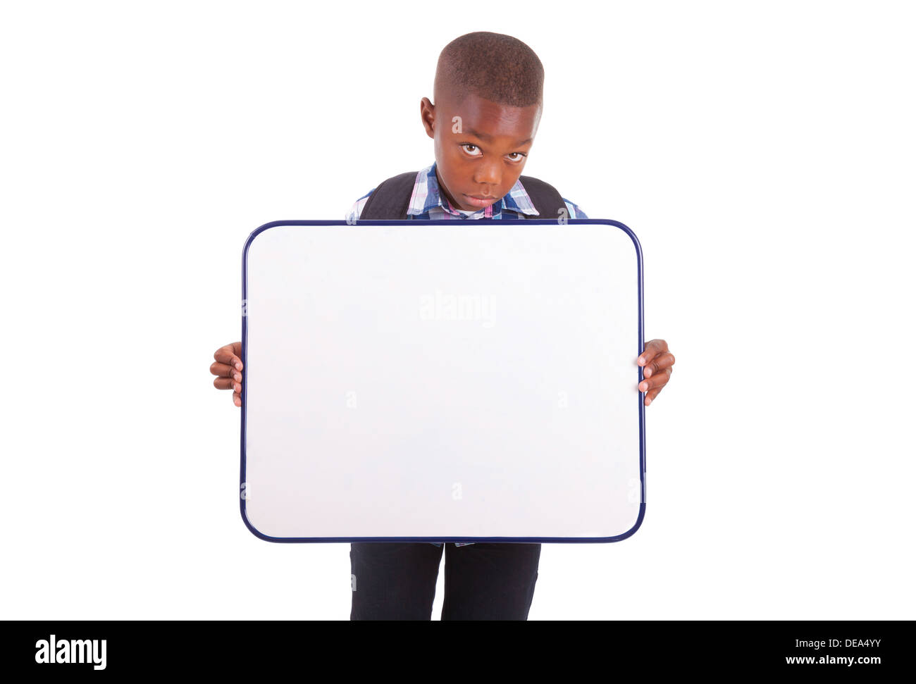 African American school boy holding a blank board, isolated on white ...