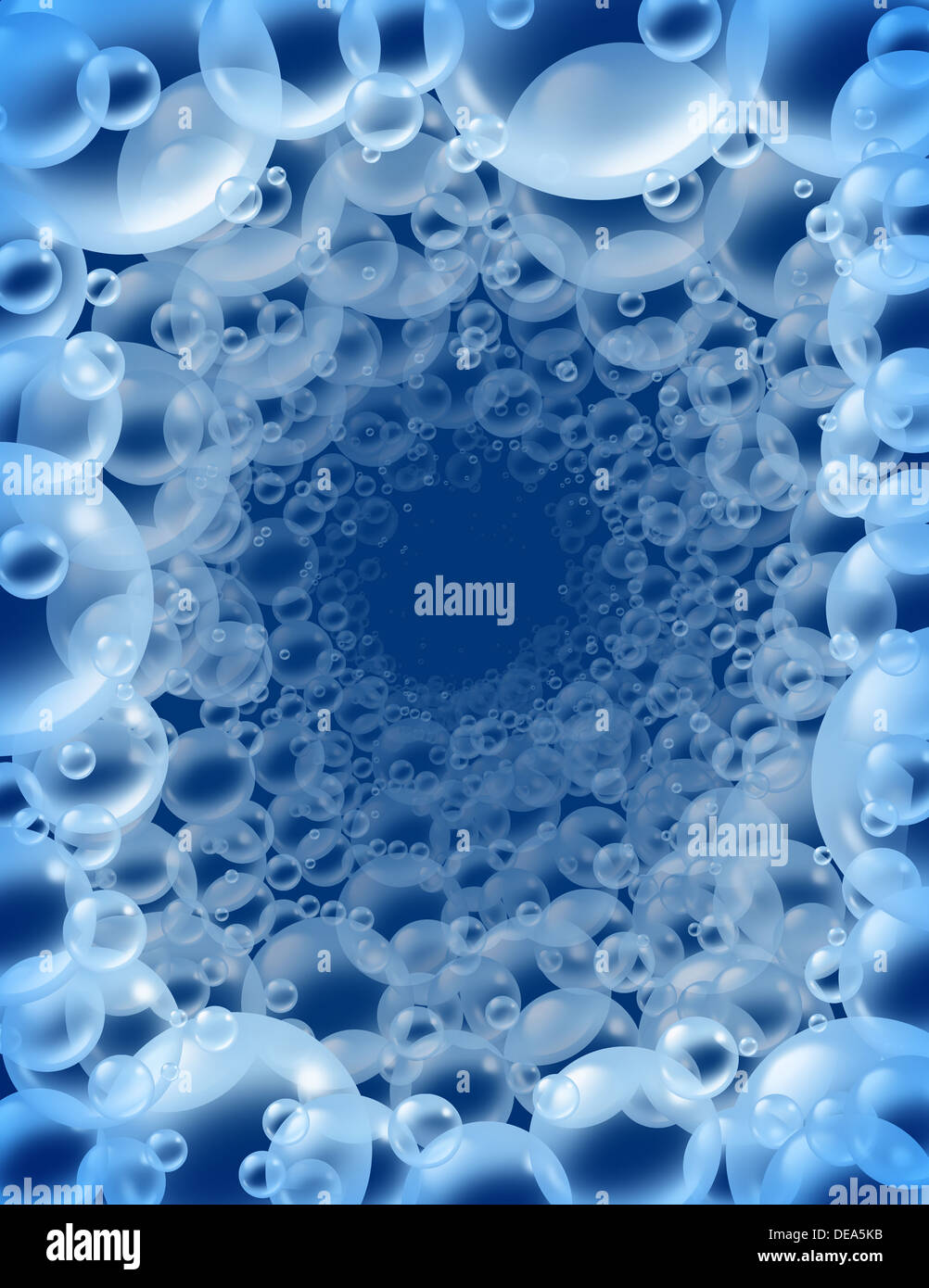 Blue bubbles background in perspective with a dark blank center and transparent bath soap suds with a bunch of foam spheres in many sizes floating as clean blue symbols of washing and bath freshness. Stock Photo