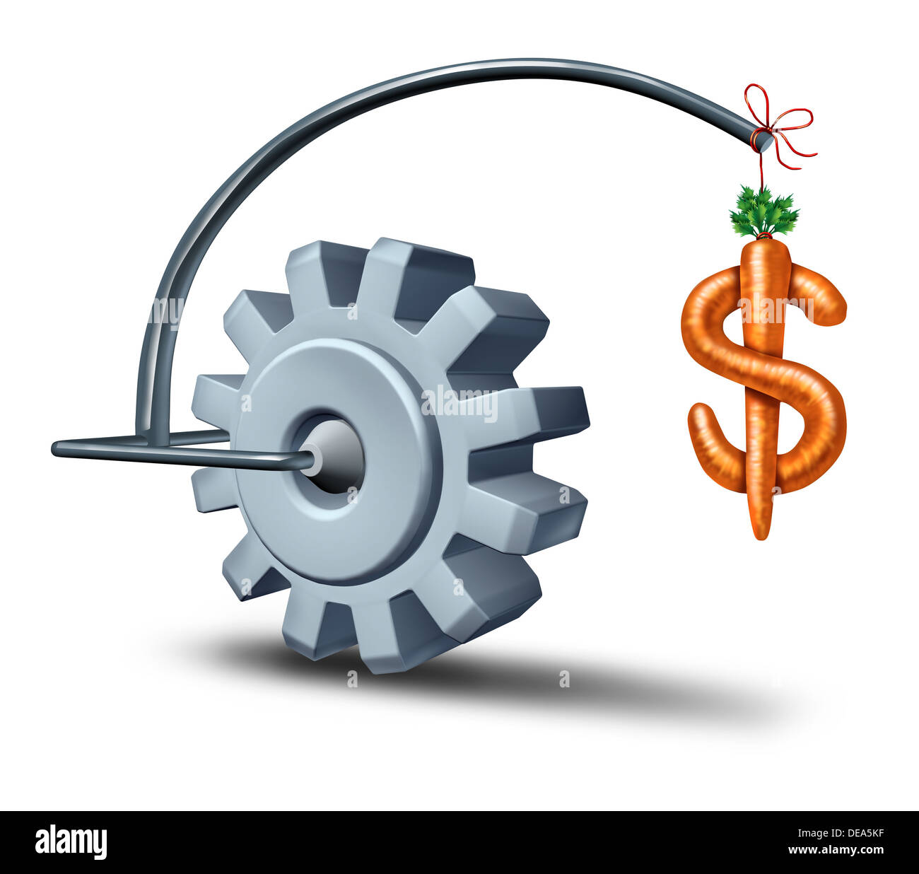 Business incentives as a financial metaphor with a stick and carrot shaped as a dollar sign leading a gear or cog wheel towards Stock Photo