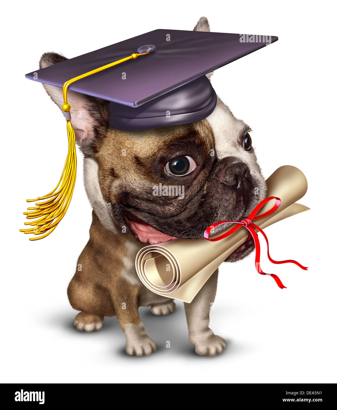 Dog training pet school concept with a bull dog wearing a graduation holding a diploma in his mouth as a symbol of animal obedience education and veterinary guidance in a dynamic forced perspective on a white background. Stock Photo