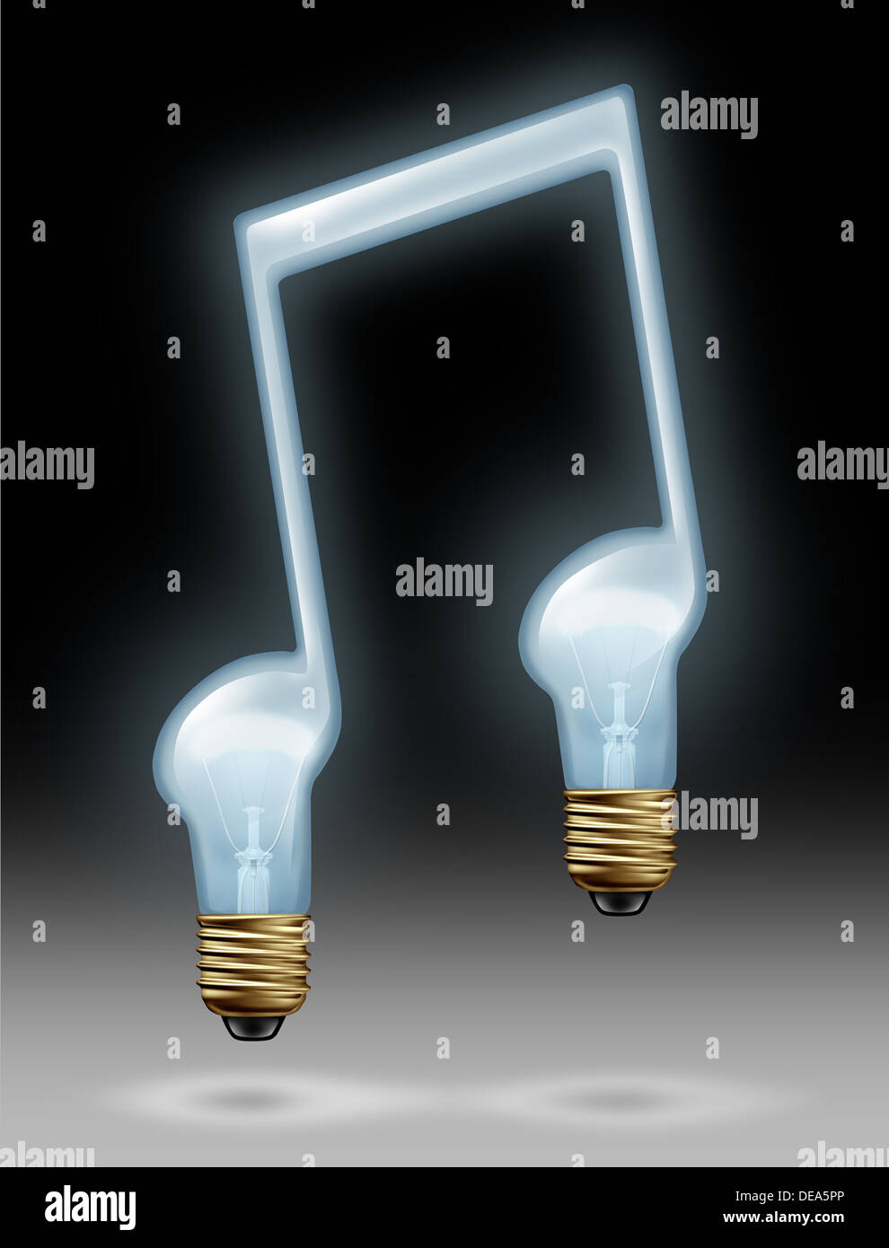 Musical inspiration creativity concept with a musical note symbol in the shape of a glowing glass light bulb as an icon of imagination and creative sound as intelligent music media ideas on a black background. Stock Photo