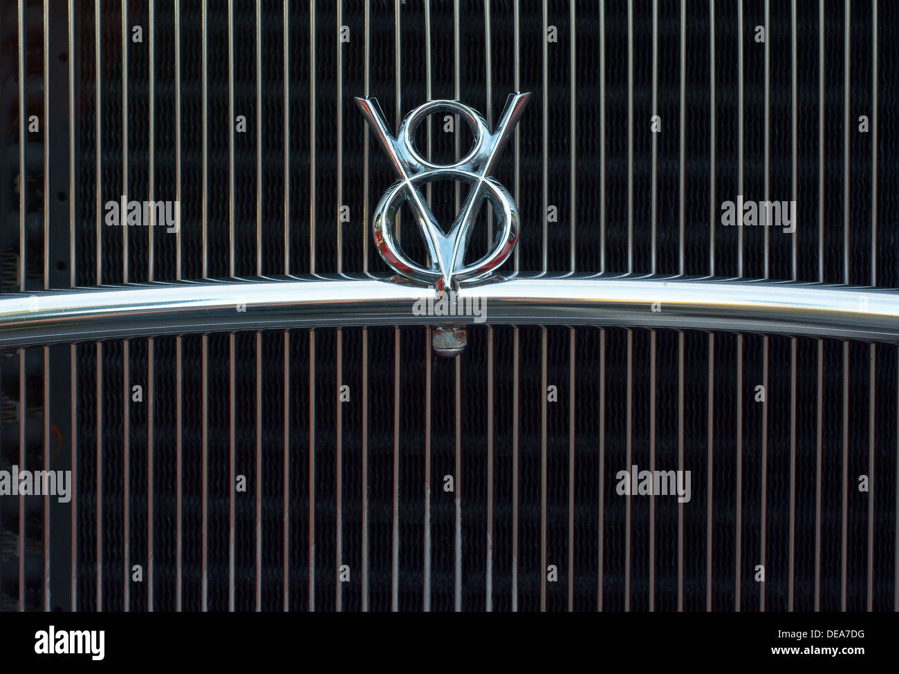 V8 Symbol on the Grill of a Hotrod Stock Photo