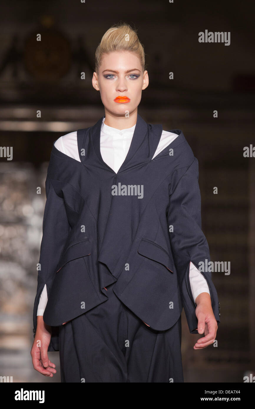 London, UK. 14th Sep, 2013.  A model walks the runway at the Tahir Sultan fashion show during London Fashion Week at Fashion Scout/Freemasons' Hall.  © CatwalkFashion/Alamy Live News Stock Photo