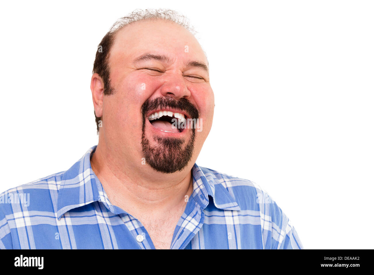Big man having a hearty laugh of enjoyment and merriment with his head thrown back and eyes closed, isolated on white Stock Photo
