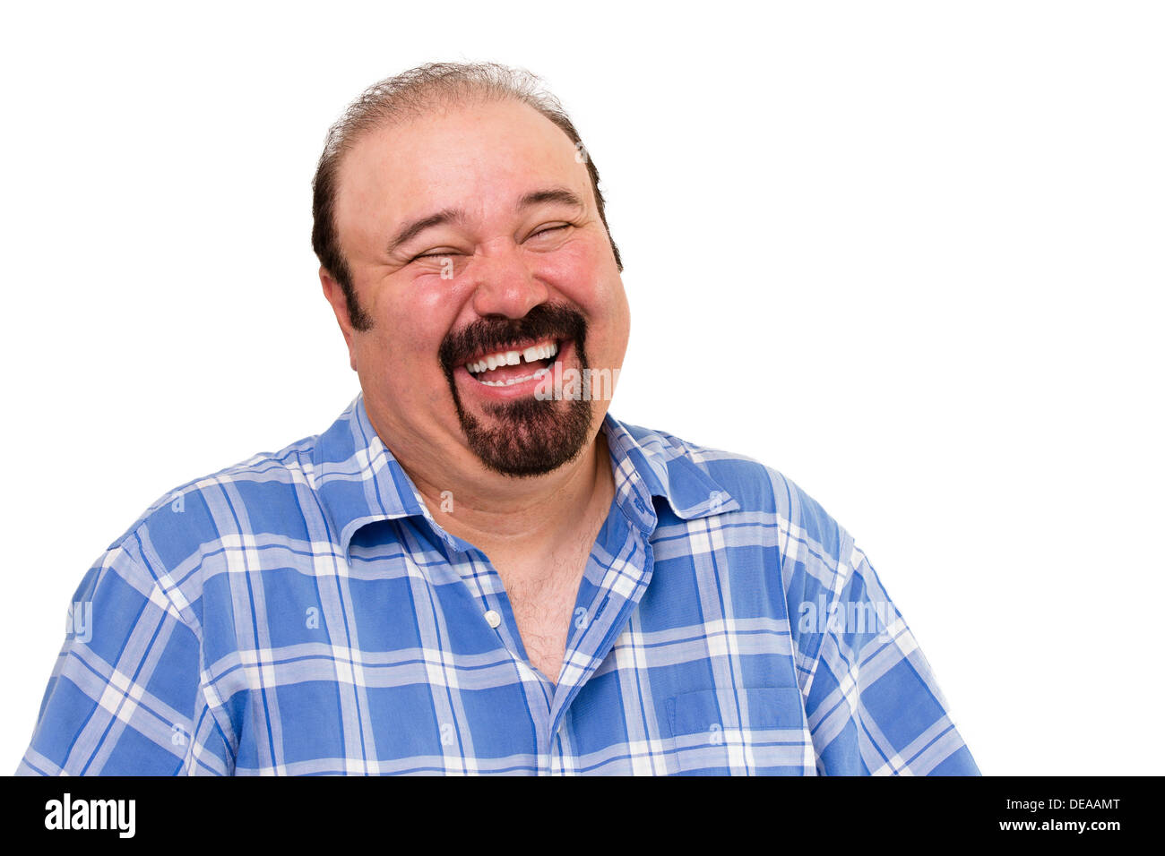 Portrait of a joyful bearded Caucasian man laughing loud, isolated on white background Stock Photo