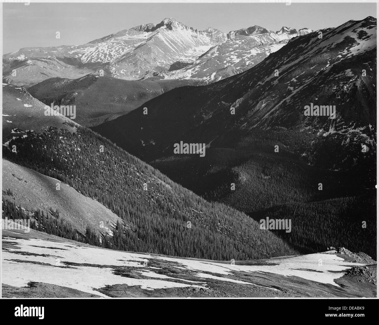 Close in view, dark shadowed hills in foreground, mountains in background, Long's Peak, Rocky Mountain National Park, 519963 Stock Photo