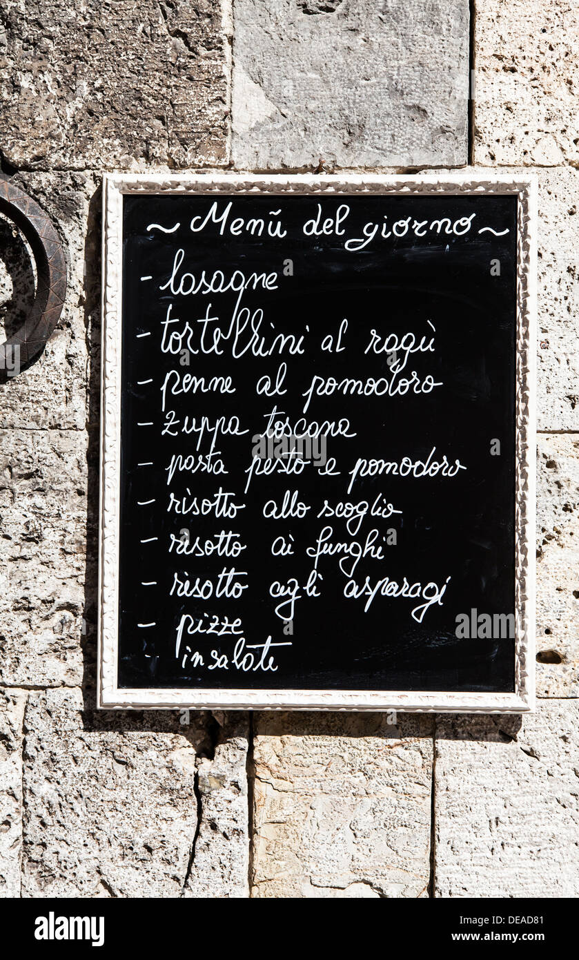 Tuscany, Italy. A turistic menu exposed on a blackboard outside a ...