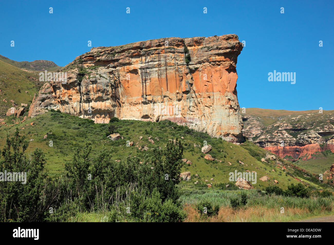 View of the famous Brandwag sandstone rock, Golden Gate National Park, South Africa Stock Photo