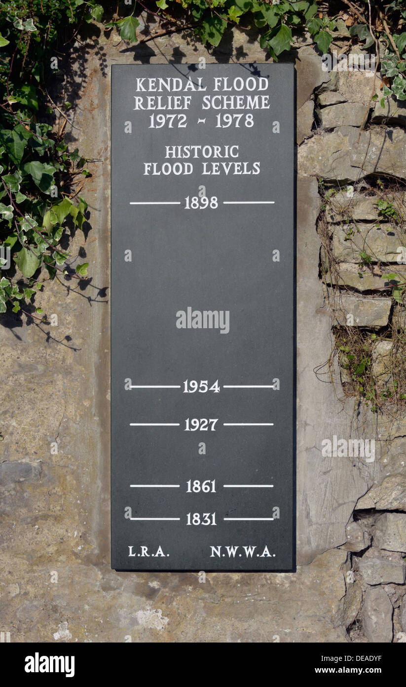 Kendal flood relief scheme 1972 - 1978, plaque. Waterside, Kendal, Cumbria, England, United Kingdom, Europe. Stock Photo