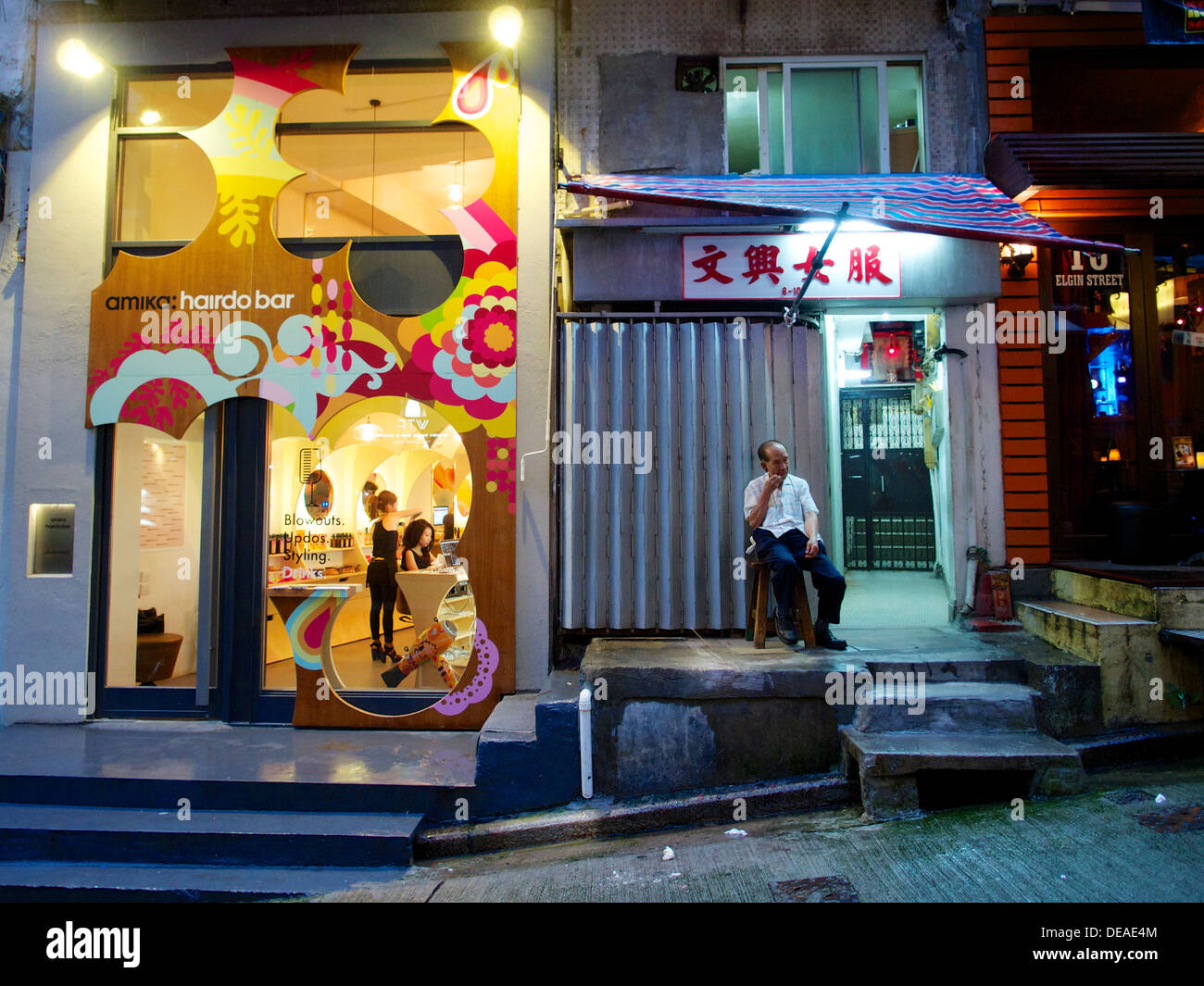 A street scene in Mid-levels, Central, Hong Kong late Saturday evening Stock Photo