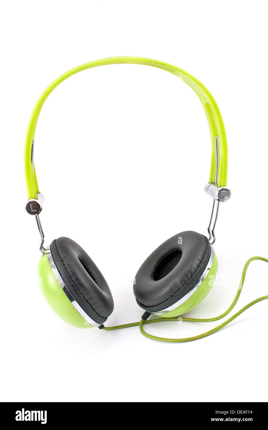 Green headphones isolated on white background Stock Photo