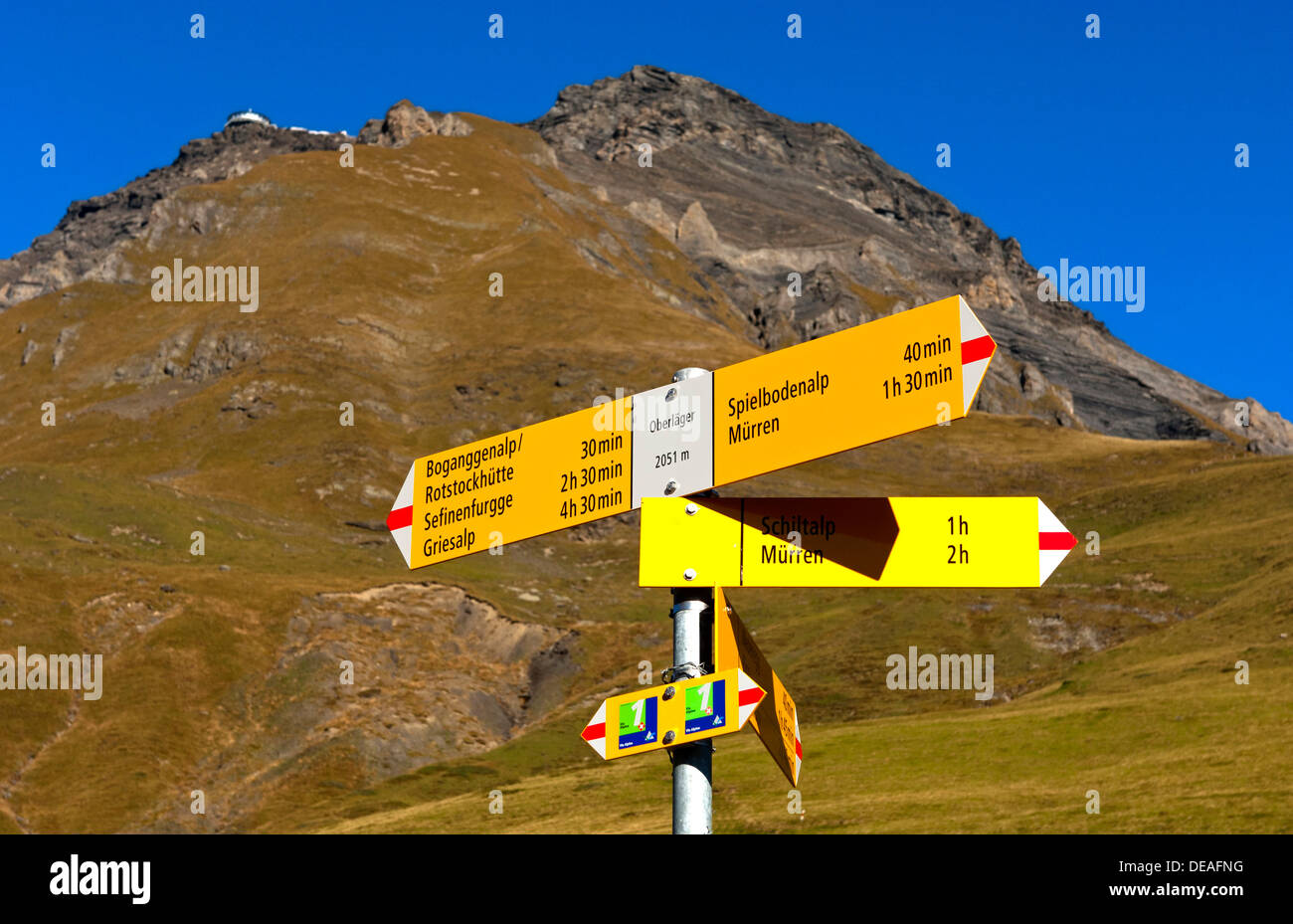 Yellow hiking signposts on an alpine pasture below Schilthorn Mountain in the Muerren hiking area, Bernese Oberland, Switzerland Stock Photo