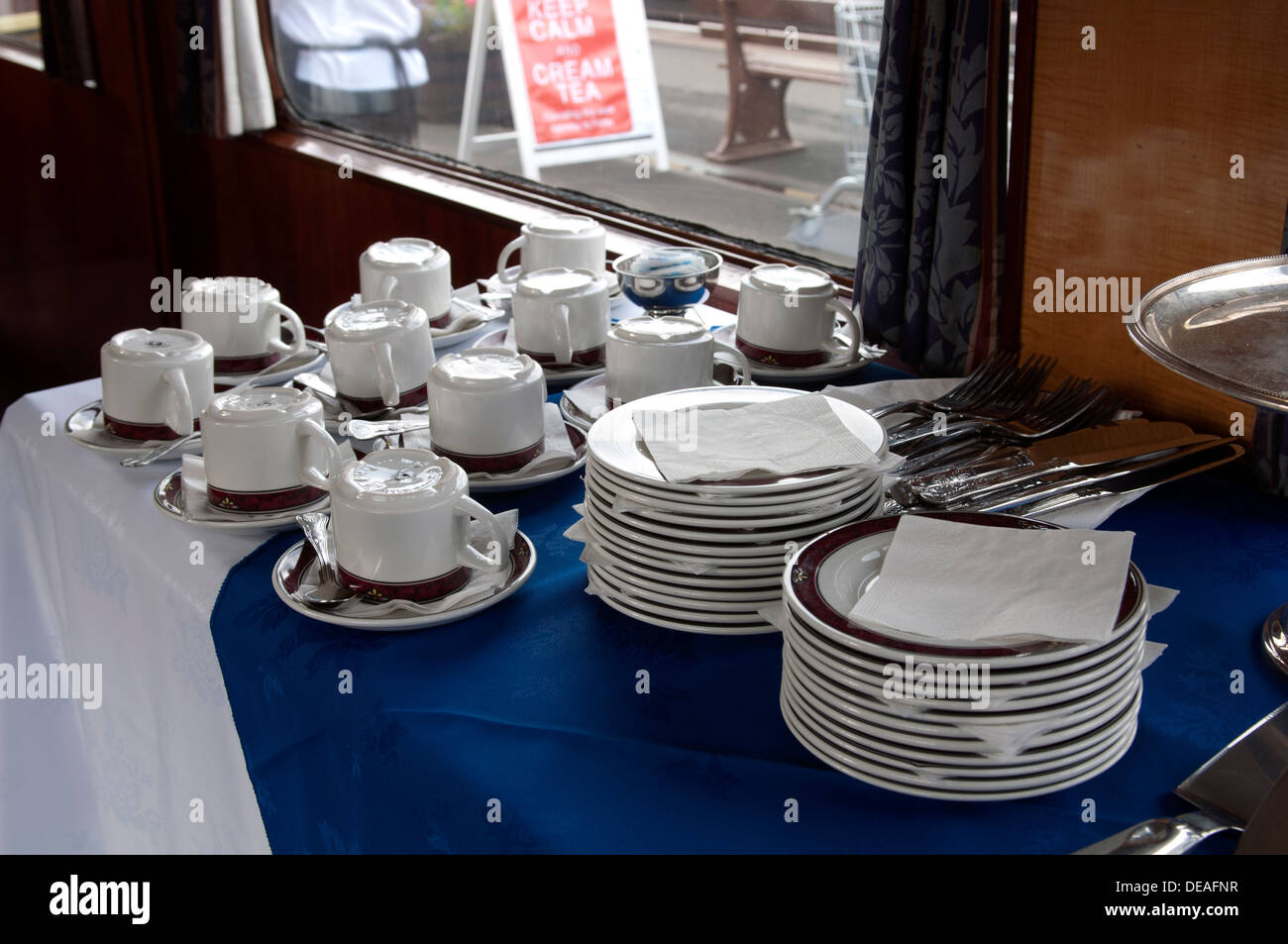 Severn Valley Railway, crockery and cutlery on board train Stock Photo