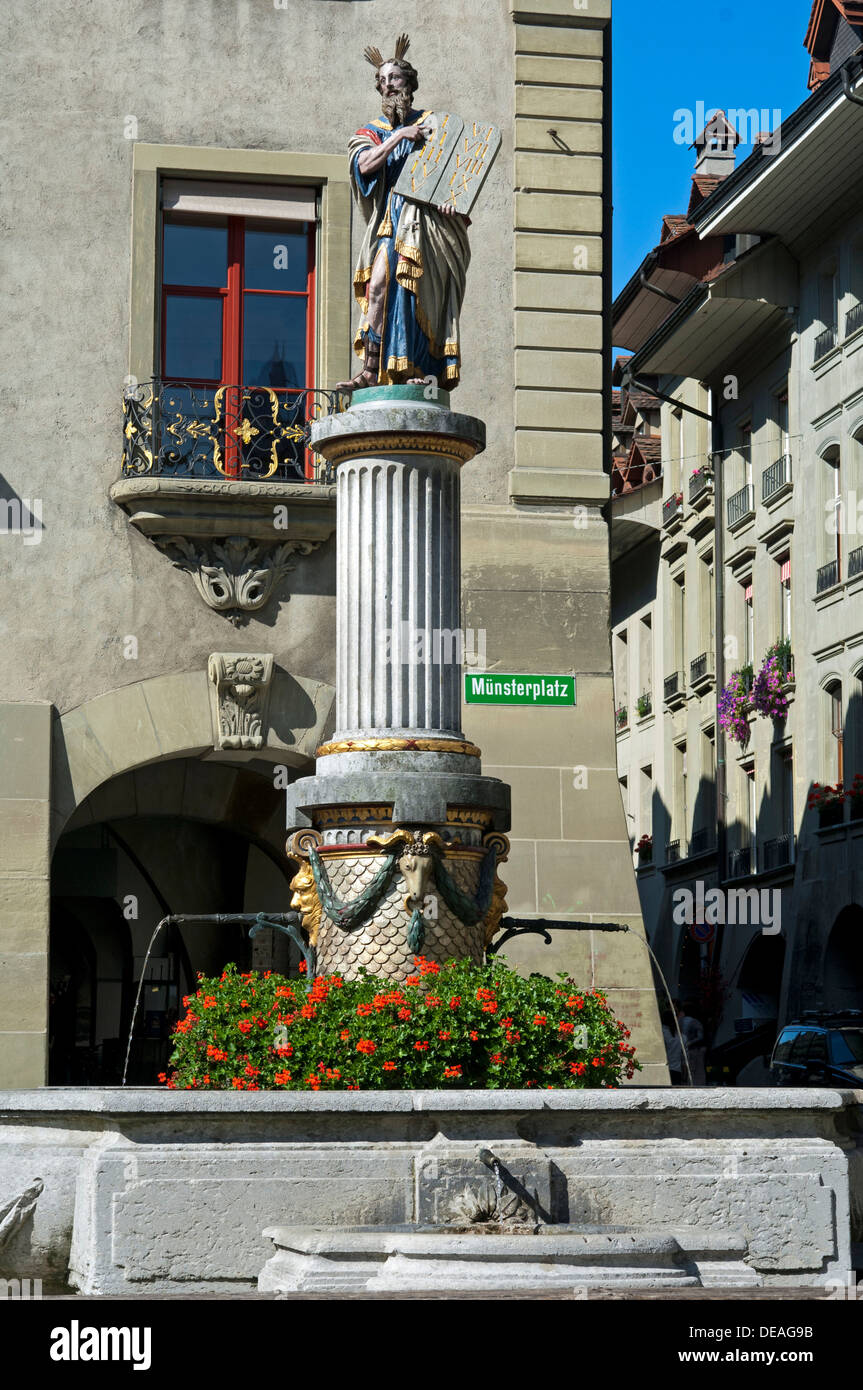 Moses with the 10 Commandments, Moses fountain in the historic town centre of Bern, Switzerland, Europe Stock Photo