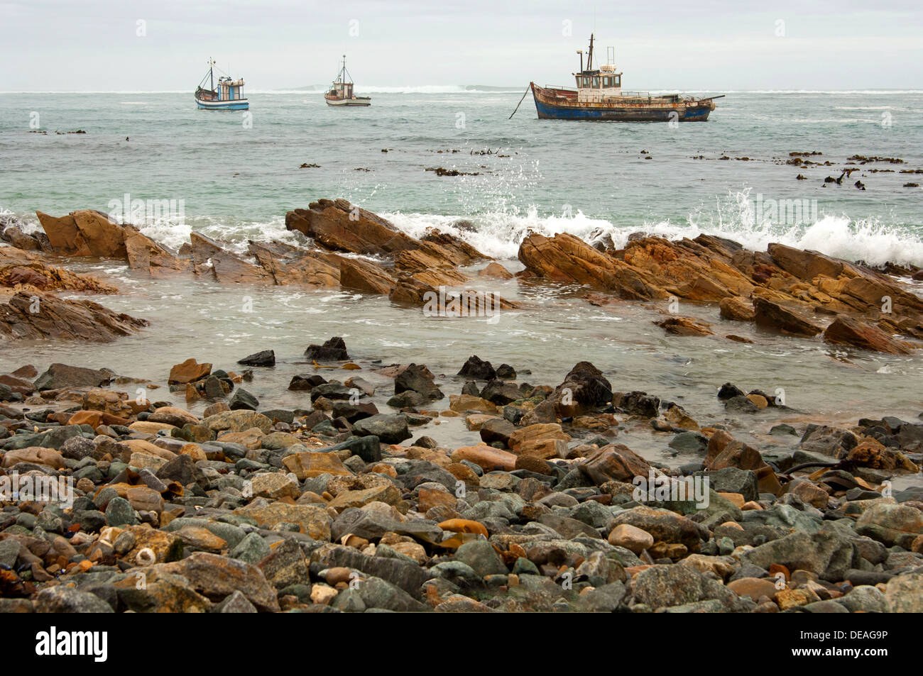 Fishing boats in bad weather at sea off the coast of Port Nolloth