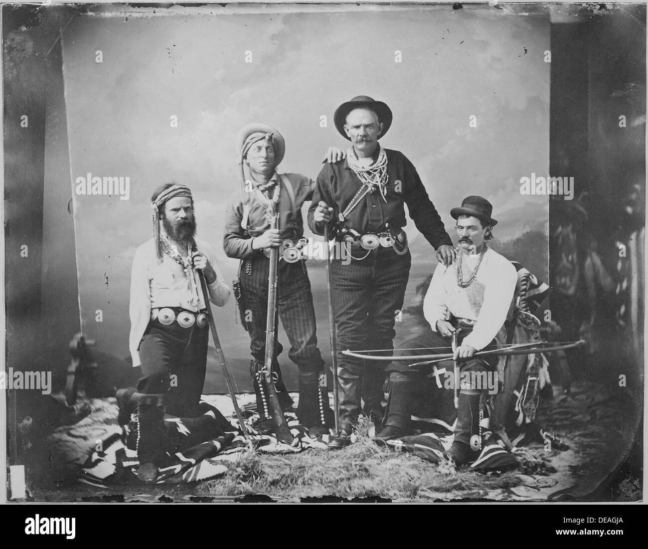 Major John Wesley Powell, Wild Hank Sharp, Kentucky Mountain Bill, and Jesus Alviso dressed as frontiersmen. 523665 Stock Photo