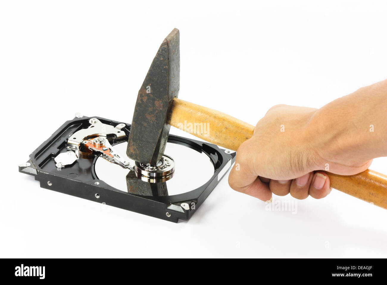 hard disk with hand put hammer at the top on white backgound Stock Photo