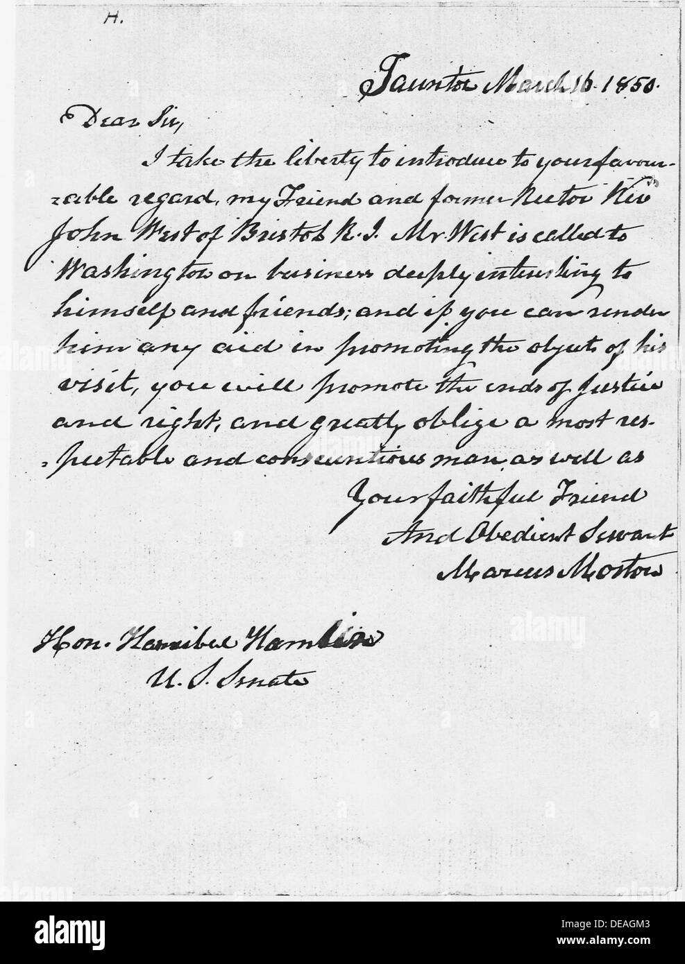 This is a historical letter written by Marcus Morton to Hannibal Hamlin on March 16, 1850. The correspondence provides insight into political and social issues of the time. Stock Photo