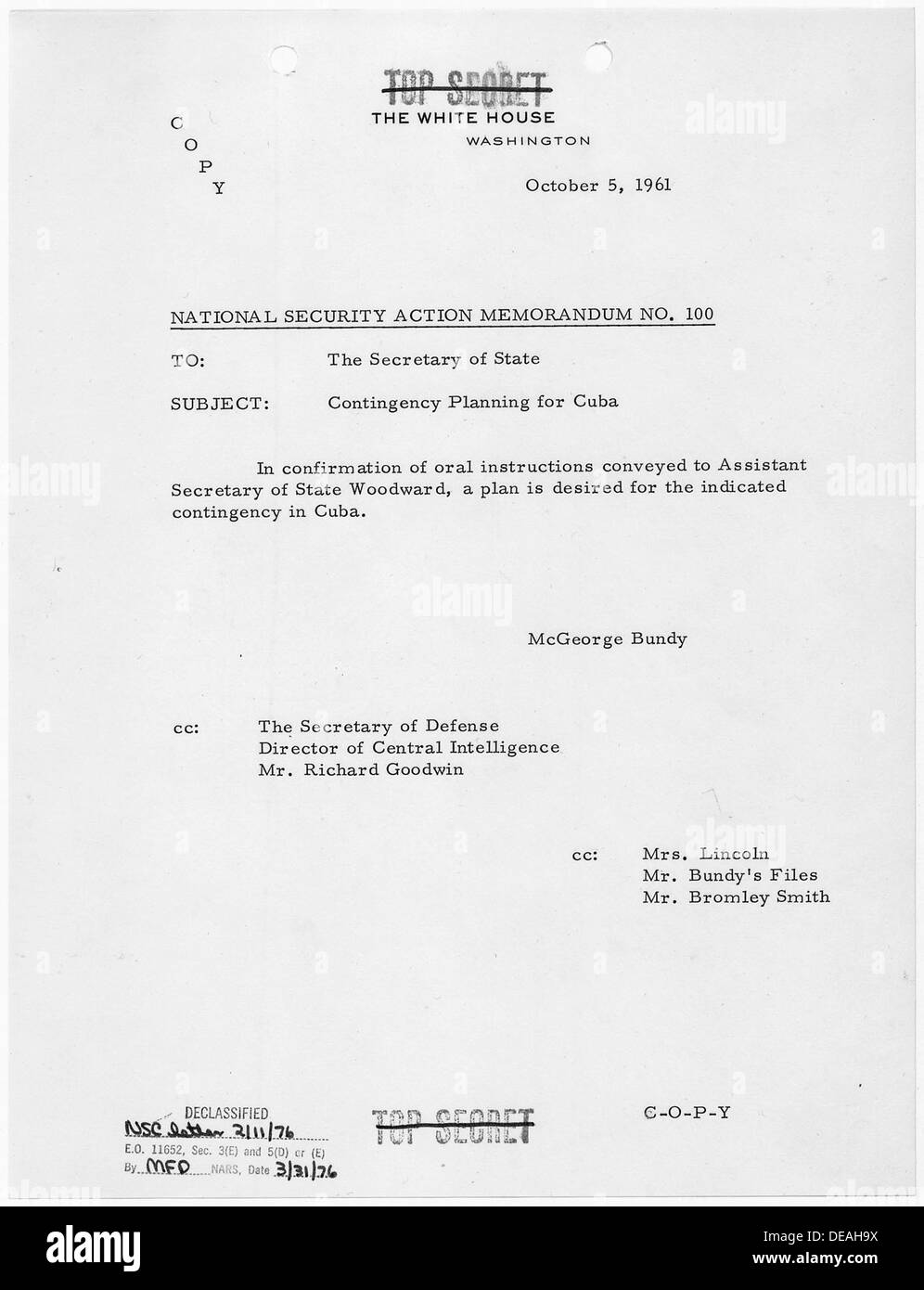 National Security Action Memorandum No. 100 Contingency Planning for Cuba 193493 Stock Photo