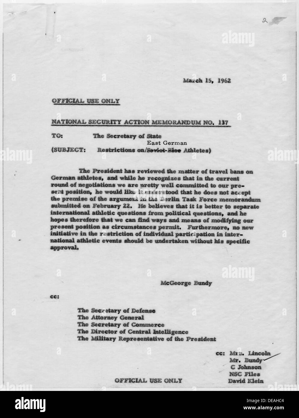 National Security Action Memorandum No. 137 Restrictions on East German Athletes 193528 Stock Photo