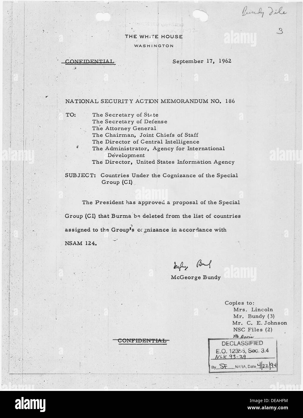 National Security Action Memorandum No. 186 Countries under the Cognizance of the Special Group 193571 Stock Photo