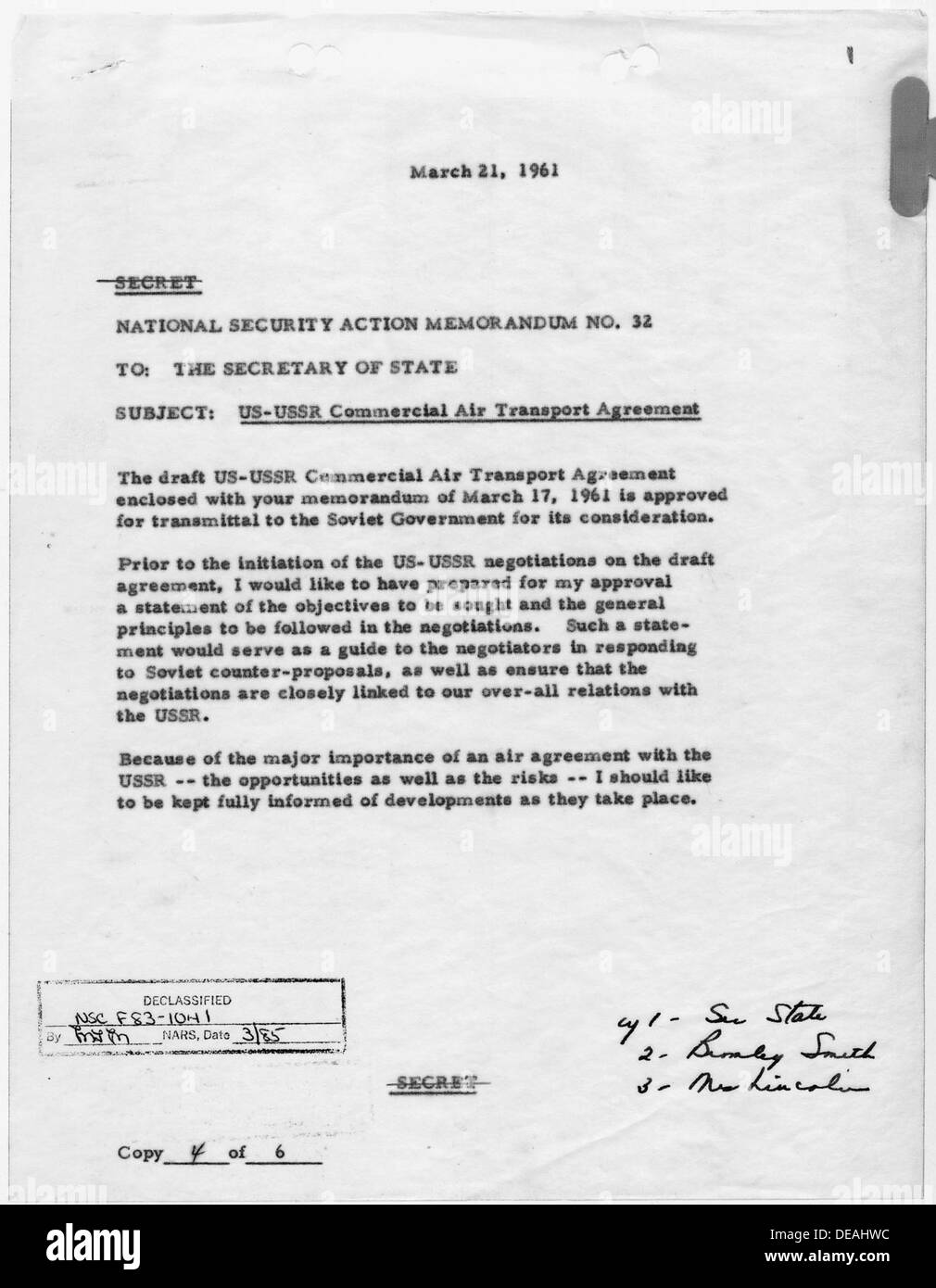 National Security Action Memorandum No. 32 outlines the agreement ...