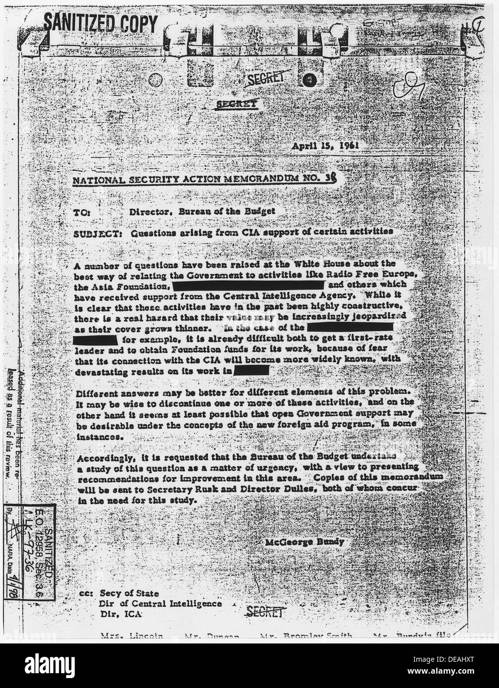 National Security Action Memorandum No. 38 Questions arising from CIA support of certain activities 193438 Stock Photo