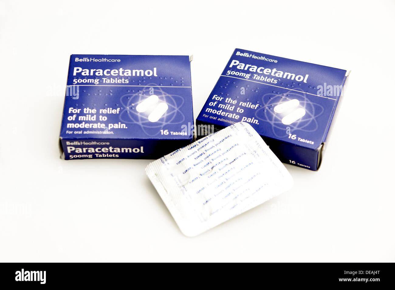 Generic packs of paracetamol tablets for the relief of mild to moderate pain Stock Photo