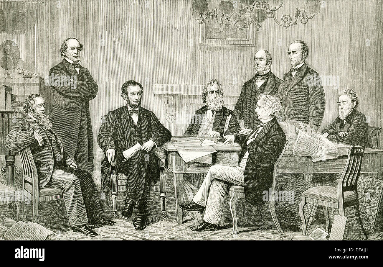 President Abraham Lincoln does the first reading of a draft of the Emancipation Proclamation in 1864 with his cabinet. Stock Photo
