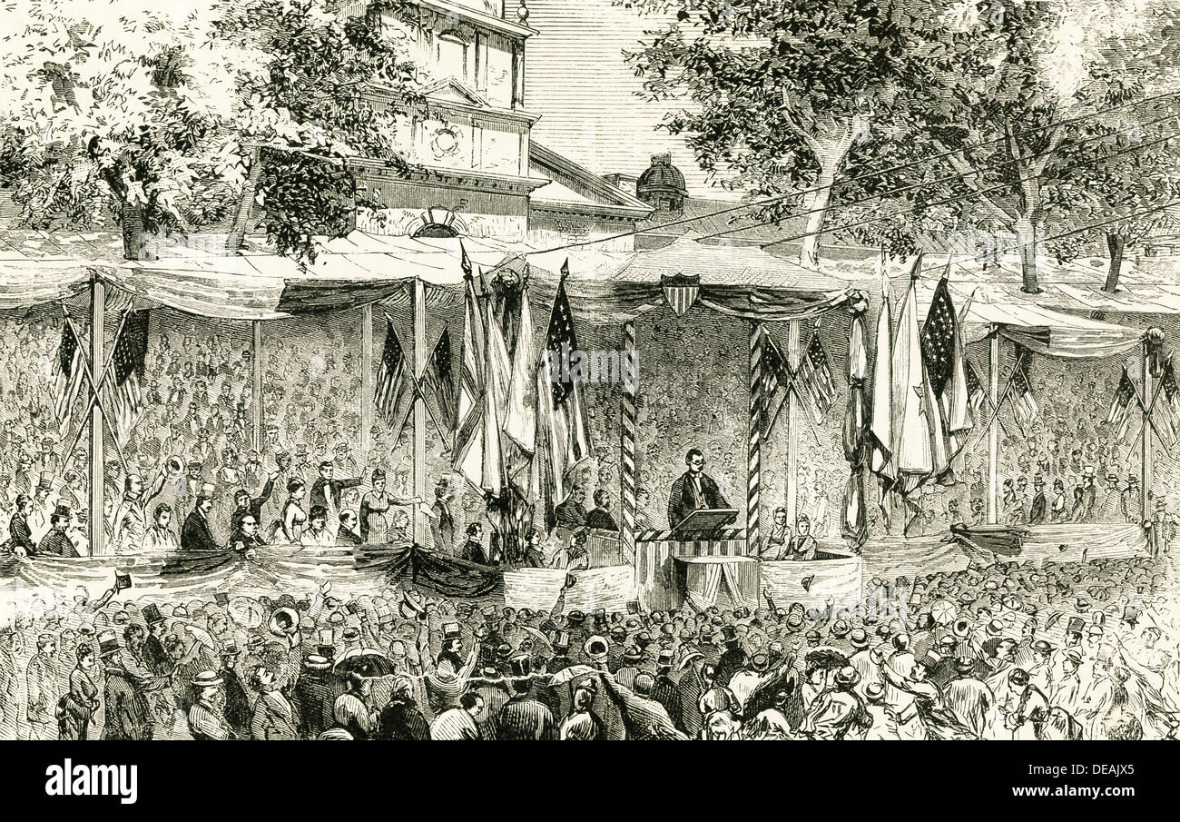 A reading of the original Declaration of Independence in Philadelphia on July 4, 1876 at Independence Hall in Philadelphia. Stock Photo