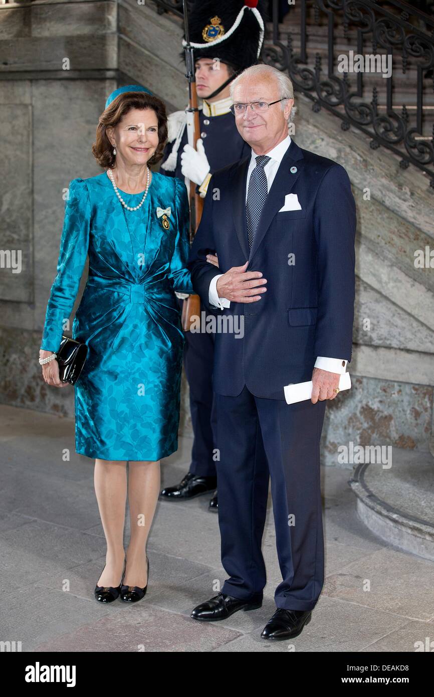 Sweden's King Carl Gustaf and Queen Silvia, arrive for the Te Deum thanksgiving service at the Royal Chapel in the Royal Palace, Stockholm, Sweden, 15 September 2013 to celebrate the King's 40th anniversary on the throne. Photo: Patrick van Katwijk Stock Photo