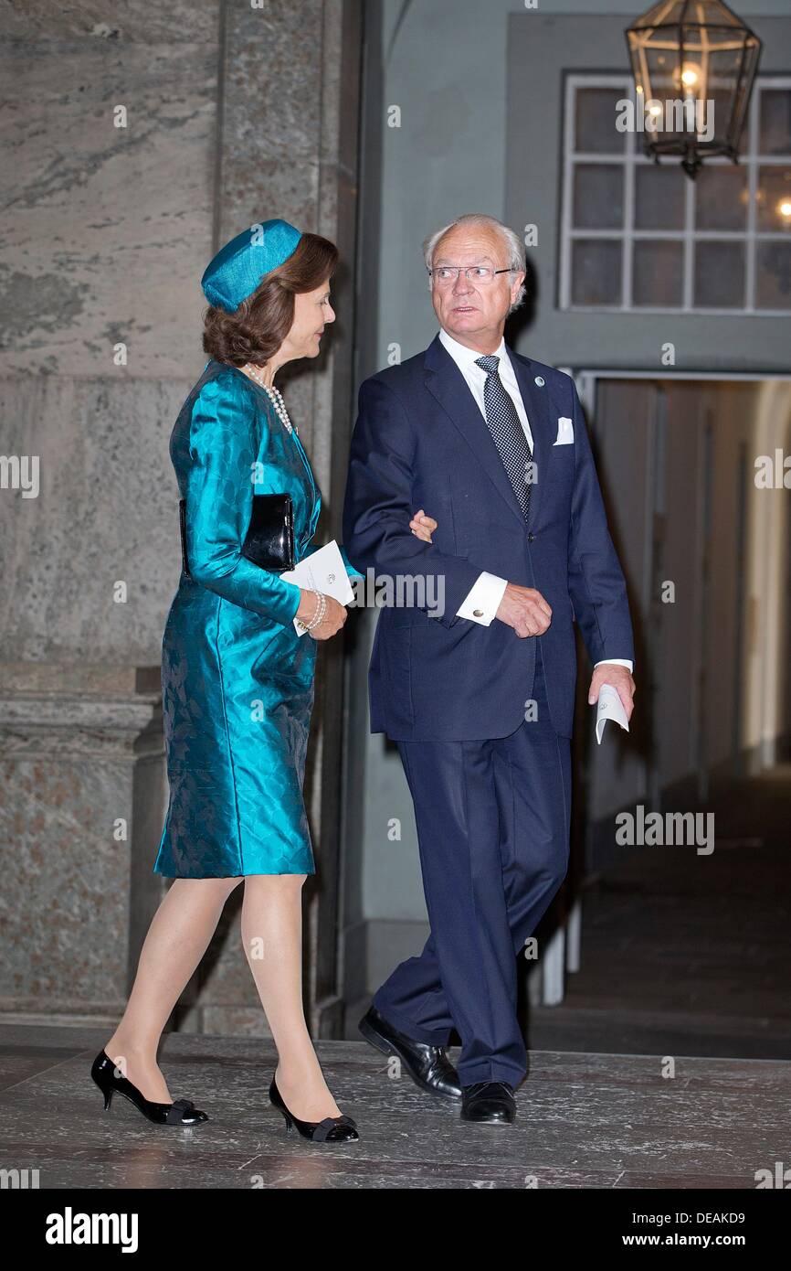 Sweden's King Carl Gustaf and Queen Silvia, arrive for the Te Deum thanksgiving service at the Royal Chapel in the Royal Palace, Stockholm, Sweden, 15 September 2013 to celebrate the King's 40th anniversary on the throne. Photo: Patrick van Katwijk Stock Photo