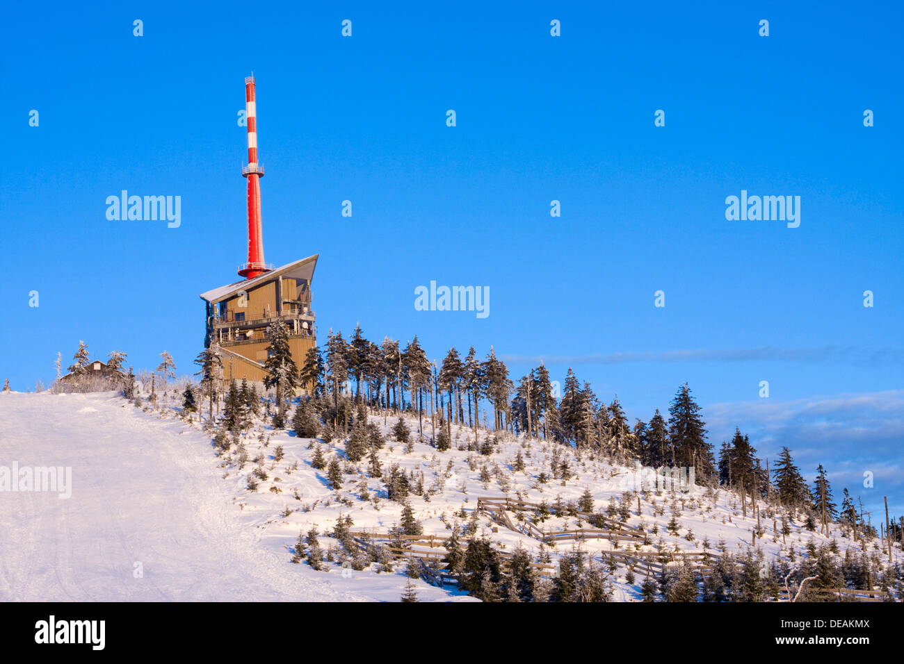 Telecommunication tower on Mount Lysa Hora, Beskydy, protected landscape area, North Moravia, Czech Republic, Europe Stock Photo