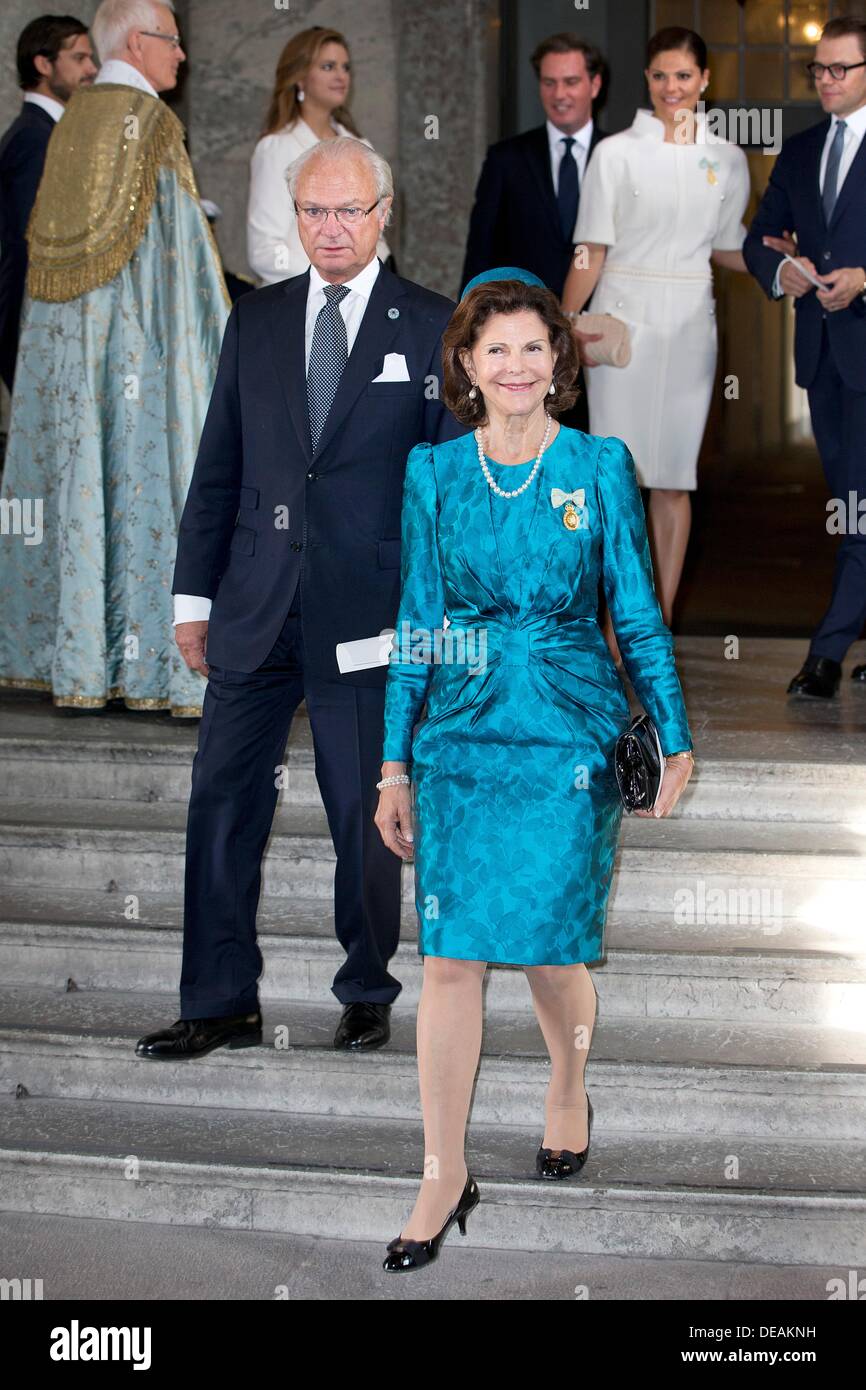 Sweden's King Carl Gustaf and Queen Silvia attends a Te Deum thanksgiving service at the Royal Chapel in the Royal Palace, Stockholm, Sweden, 15 September 2013 to celebrate the King's 40th anniversary on the throne. Photo: Patrick van Katwijk Stock Photo