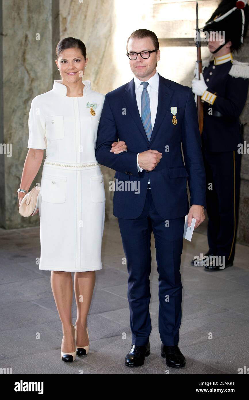 Stockholm, Sweden. 15th September 2013. Crown Princess Victoria and Prince Daniel attend a Te Deum thanksgiving service at the Royal Chapel in the Royal Palace, Stockholm, Sweden, 15 September 2013 to celebrate the King's 40th anniversary on the throne. Photo: Patrick van Katwijk Stock Photo